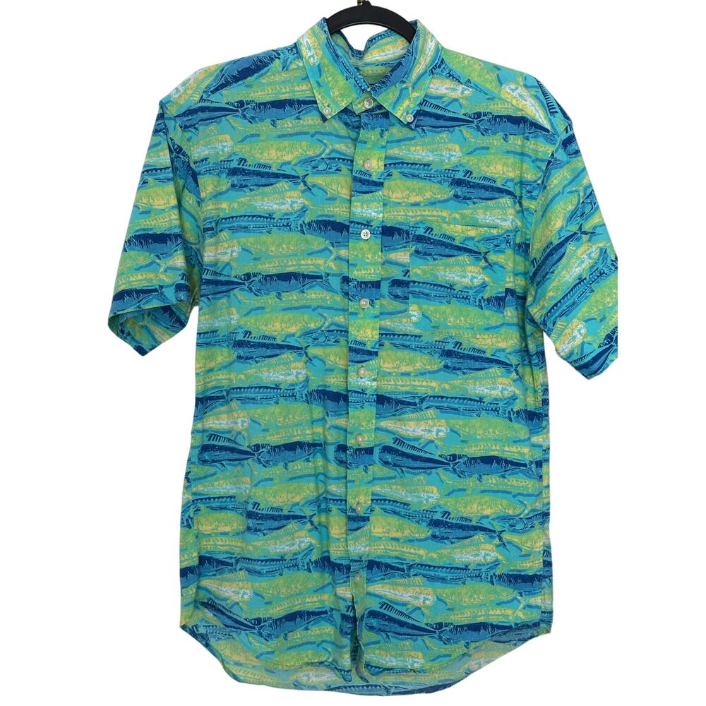 EUC Vineyard Vines Blue Green Yellow Fish Short Sleeve Classic Murray Fit Sz S
